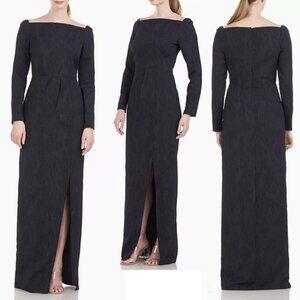 New! Kay Unger Dark Midnight Blue Jude Jacquard Column Gown 20539